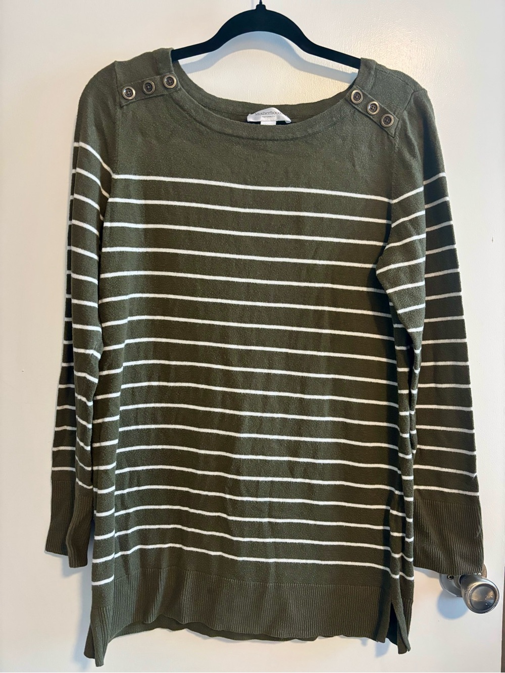 Maternity Green Striped Boatneck Sweater with Shoulder Button Detail
